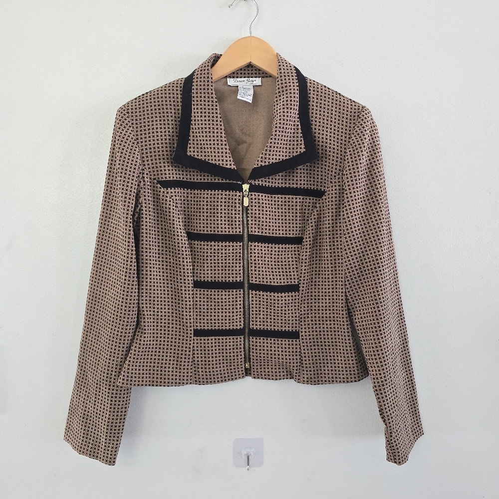 Vtg 90s Y2K Dawn Joy Houndstooth Brown Blazer Women's Sz 7/8 Velvet Office Siren - Picture 1 of 10